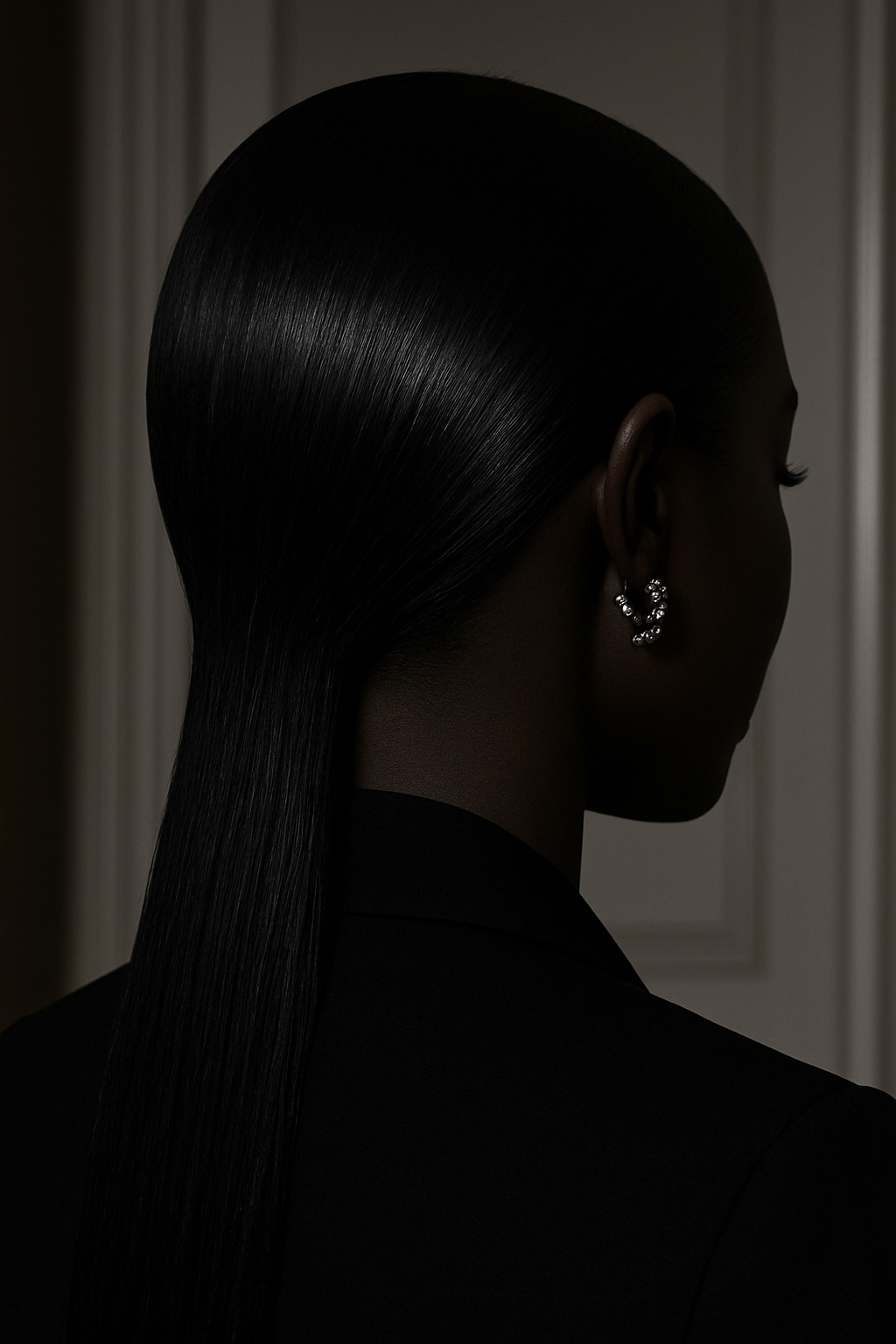 Person with sleek black hair and earrings in a dimly lit setting