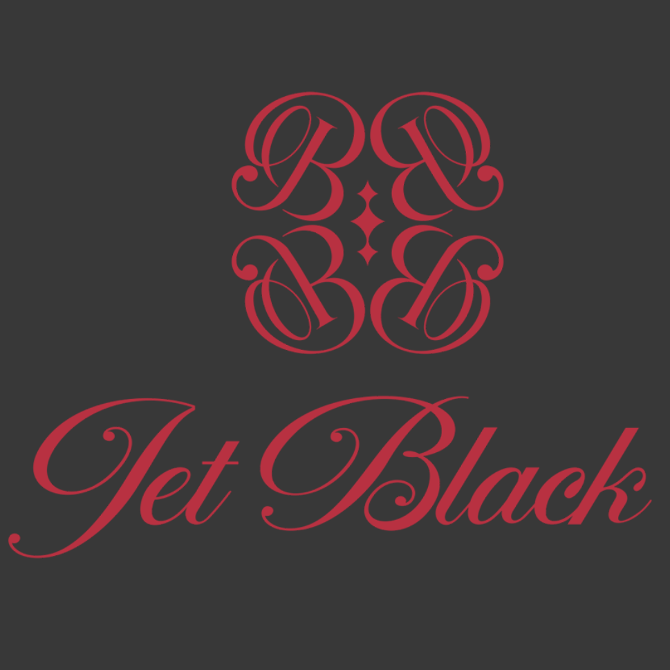 Red logo with text reading "Jet black" on a black background